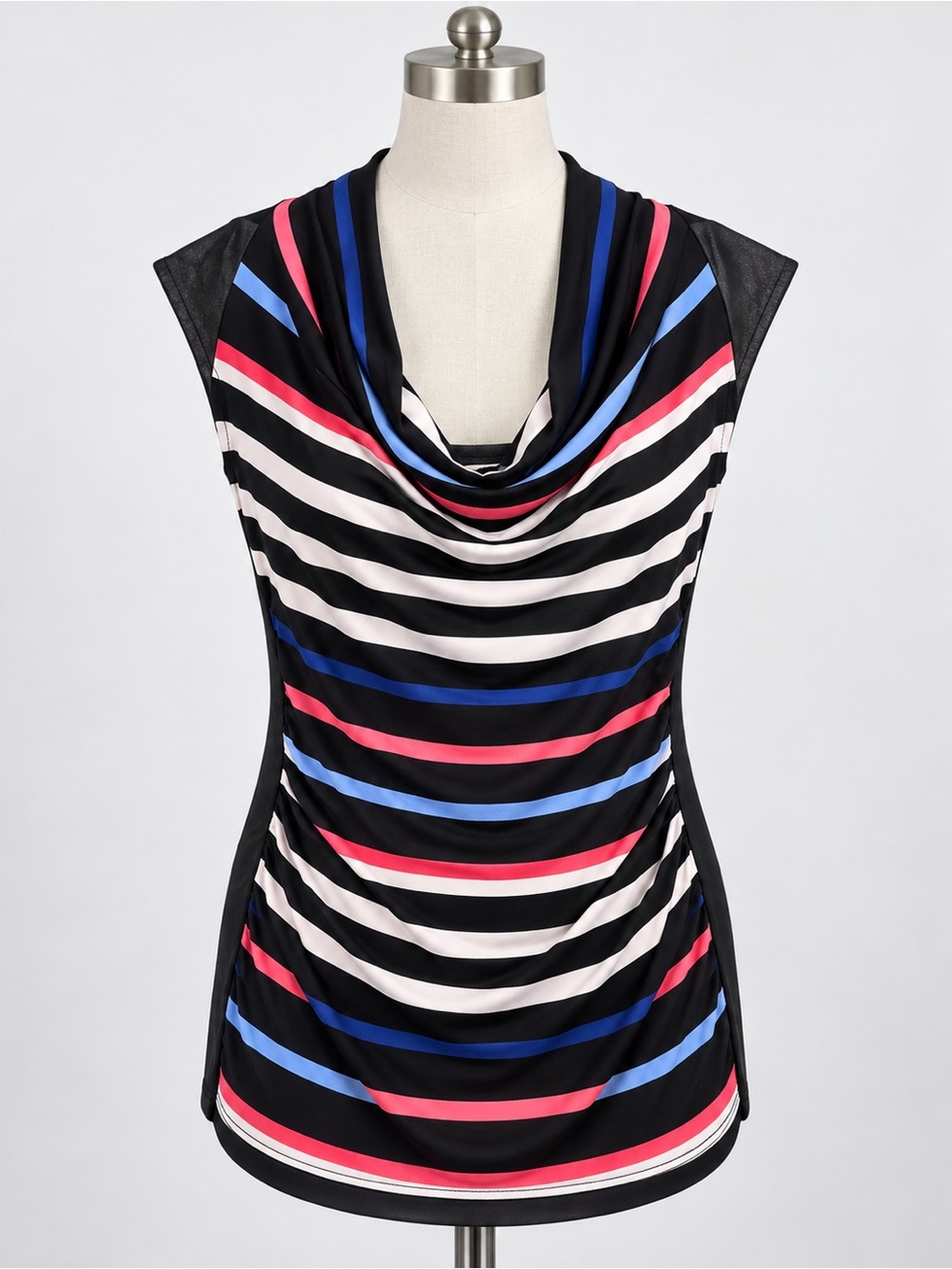 Worthington Striped Cowl Neck Top - Black, Pink & Blue